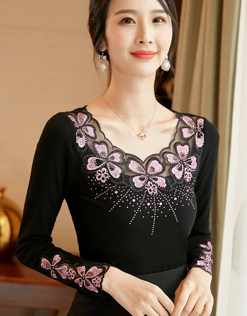 Blusas mujer de moda, Осенние сетчатые топы с длинными рукавами и вышивкой, модная Повседневная Блузка с бриллиантами, рубашка, большие размеры