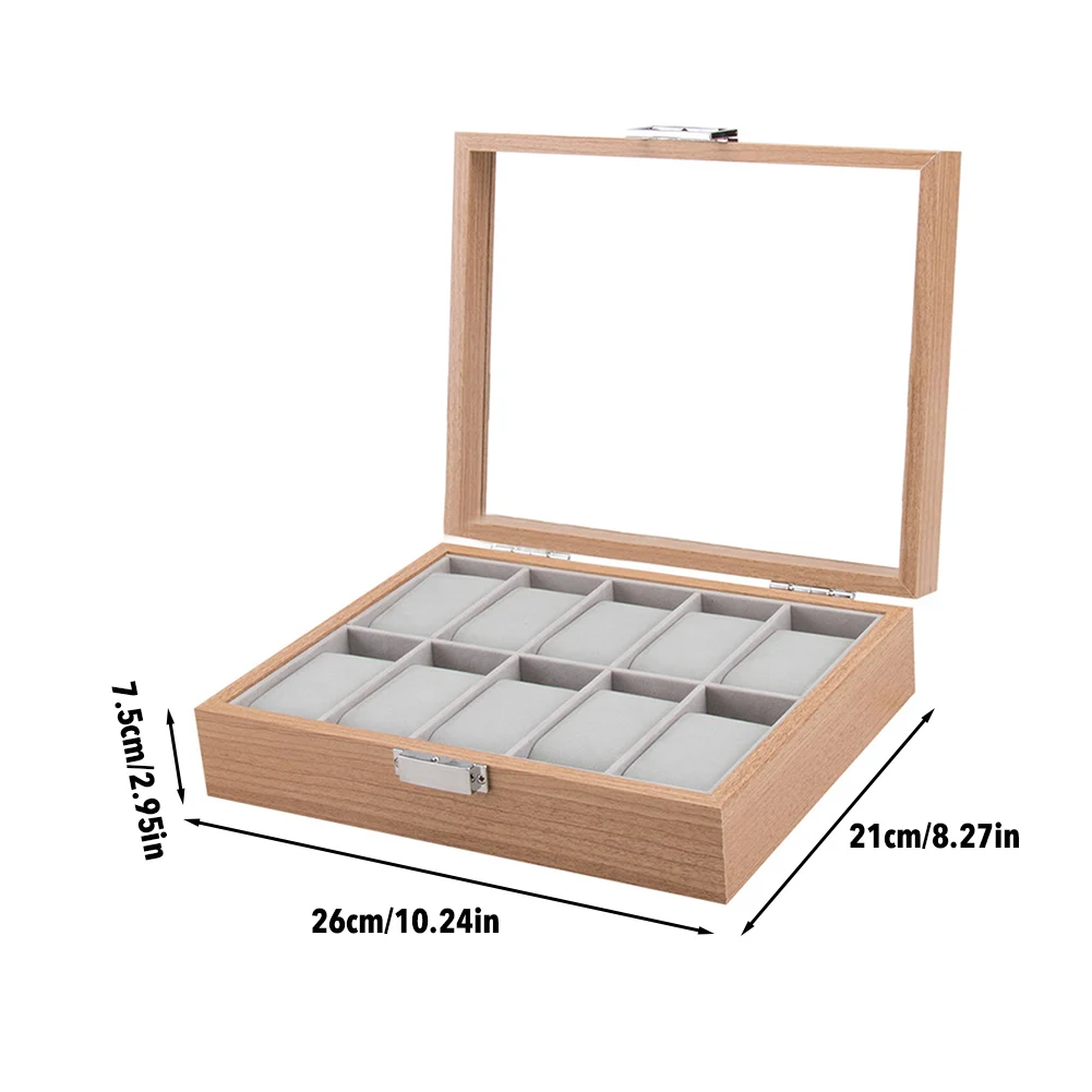 

10 Slot Wooden Watch Display Box Jewelry Organizer Rosewood Compact Security Lock Transparent Cover Watch Storage Box