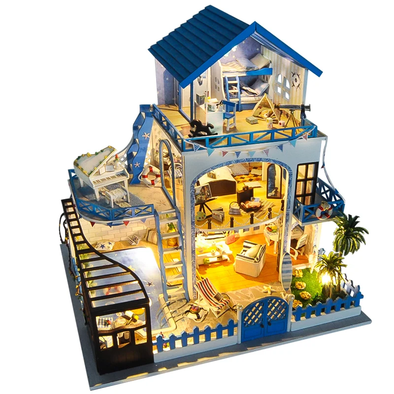 

Деревянный миниатюрный кукольный домик «сделай сам», синяя вилла, игрушка с комплектом мебели, Сборная модель 3D кукольного домика для детей...