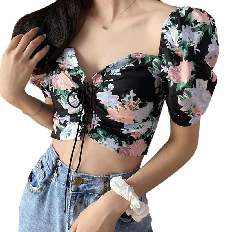 Women's Fashion Floral Print V Neck Blouses Exposed Navel Sexy Sweet Short Sleeve Chiffon Shirt