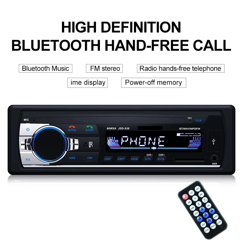 Автомобильный мультимедийный плеер TOSPRA, Bluetooth, Авторадио, MP3 плеер, автомобильный стерео радио, FM, Aux вход, приемник, USB, JSD-520, 12 В, в тире, 1 din