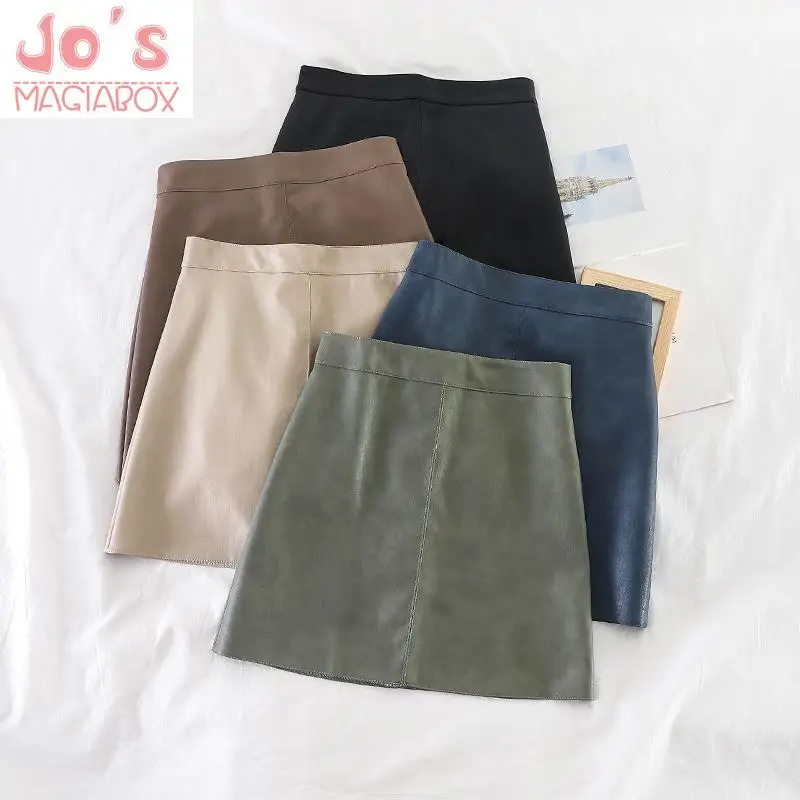 

Vintage Women Solid Mini PU Leather Skirt Casual Korean Office Lady High Waist Mini Skirt Sweet Kawaii Vogue Above Knee Skirt