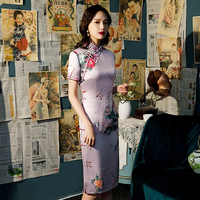 

FZSLCYIYI элегантное китайское винтажное платье с коротким рукавом с принтом длиной до колена Ципао из искусственного шелка атласное женское с...