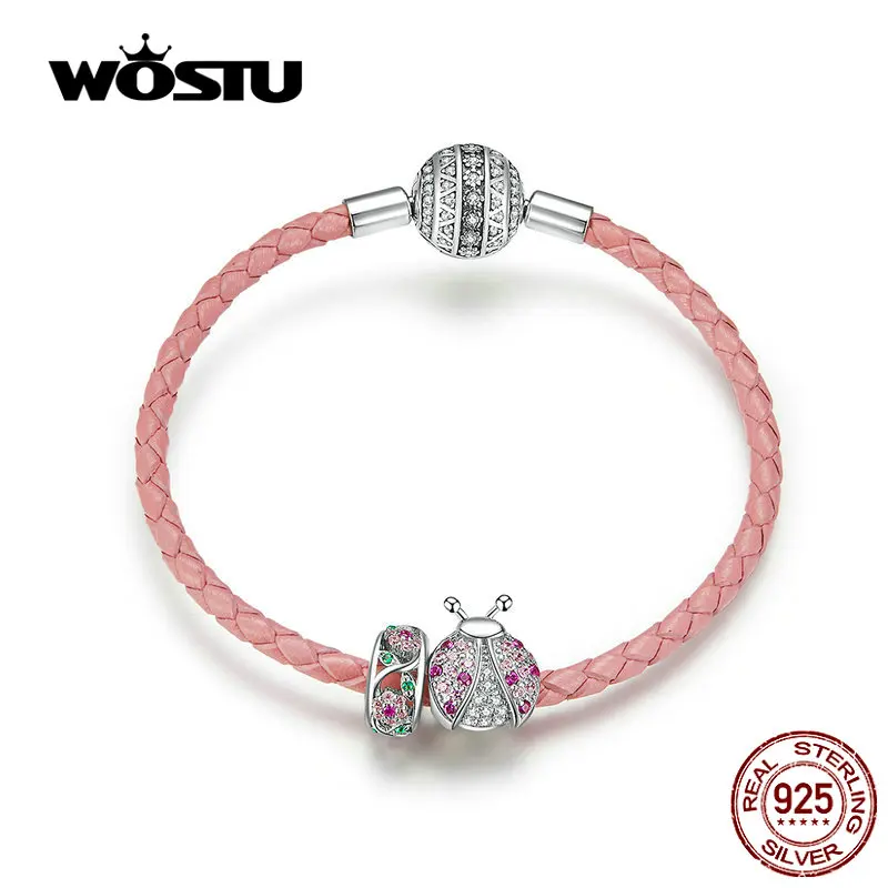 WOSTU, натуральная 925 пробы, серебро, красный, божья коровка, браслеты с подвесками и браслет для женщин, милые бусины «божья коровка», ювелирное изделие, подарок CQB823