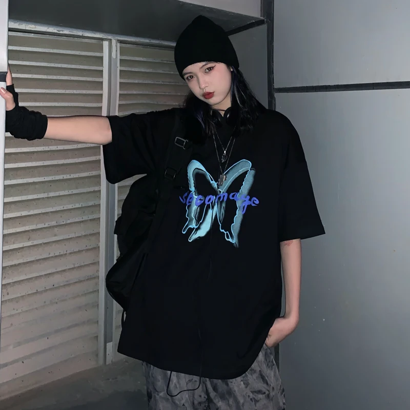 

Maxxo Korean Dark Butterfly Short-Sleeved T-Shirt For Teenagers Couple Clothes High Street Oversize Grunge Clothes Urban Tops
