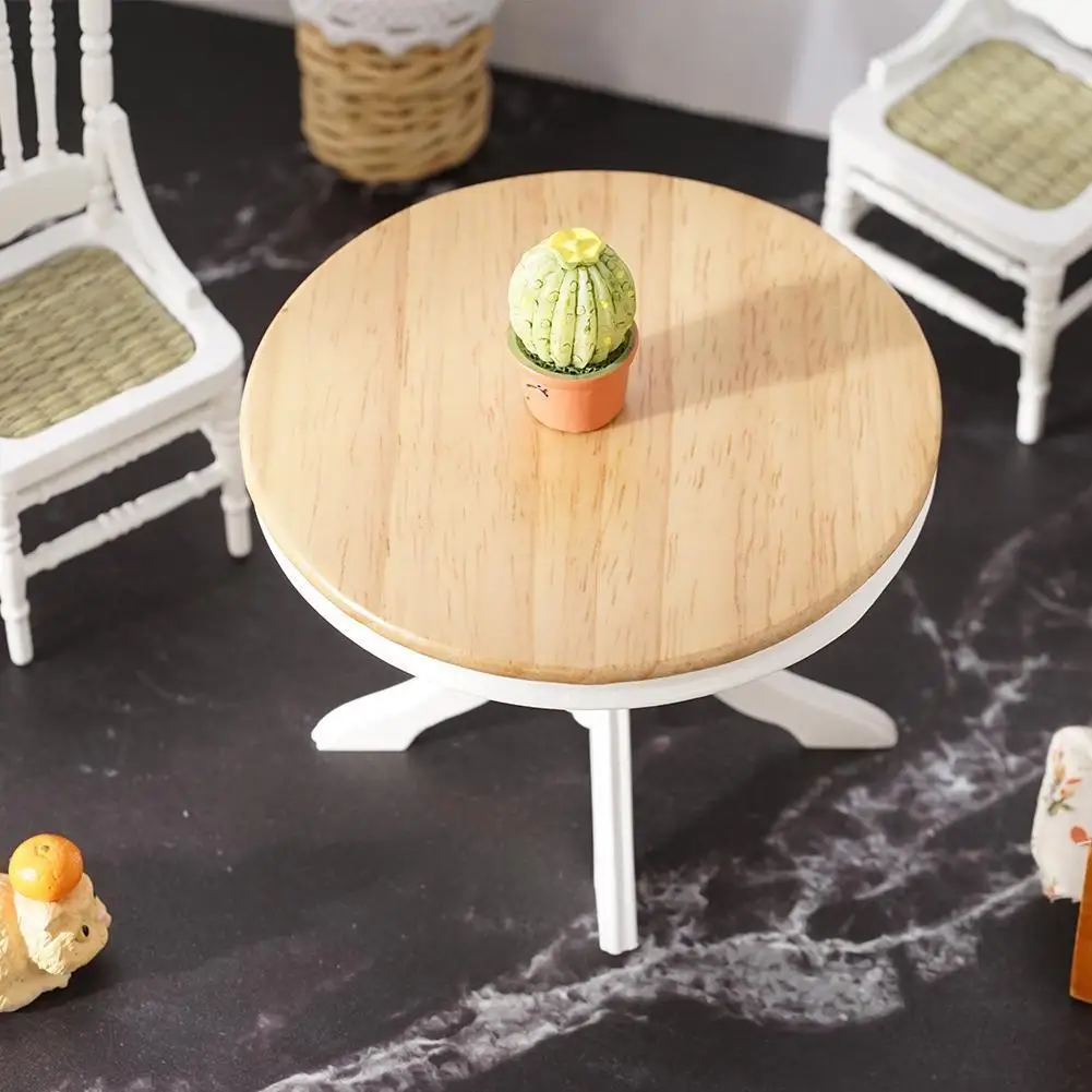 

3Pc 1:12 Miniature Doll House Furniture Wood Color-blocking Round Tables And Chairs For Doll Kid's Play House Toys