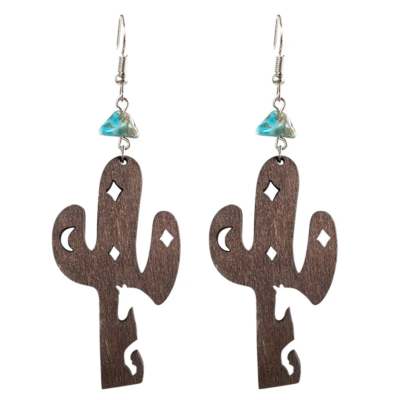 

Vintage Turquoise Wooden Cutout Hollow Cactus Dangle Drop Earrings BOHO Star Moon Horse Geometry Femme Jewelry Small Suppliers