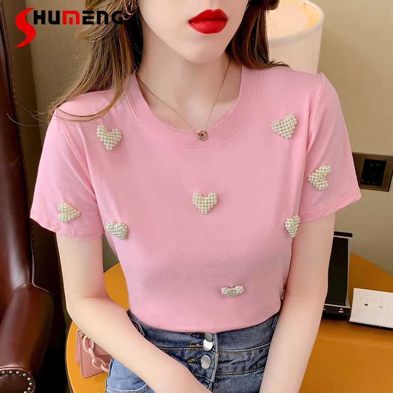 

Женская футболка с круглым вырезом, розовая облегающая футболка с высокой талией и бисером, с коротким рукавом, лето 2021