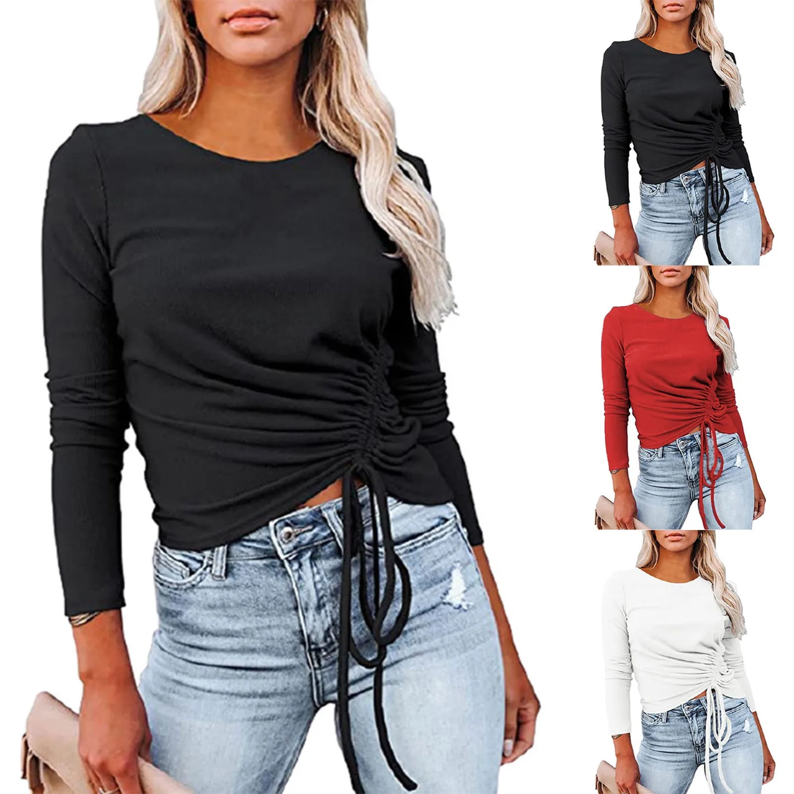 

Women's O-neck Solid Color Long-sleeved Tops Autumn Women's Fashion Long-sleeved Drawstring Loose Casual Tops Футболка Женская