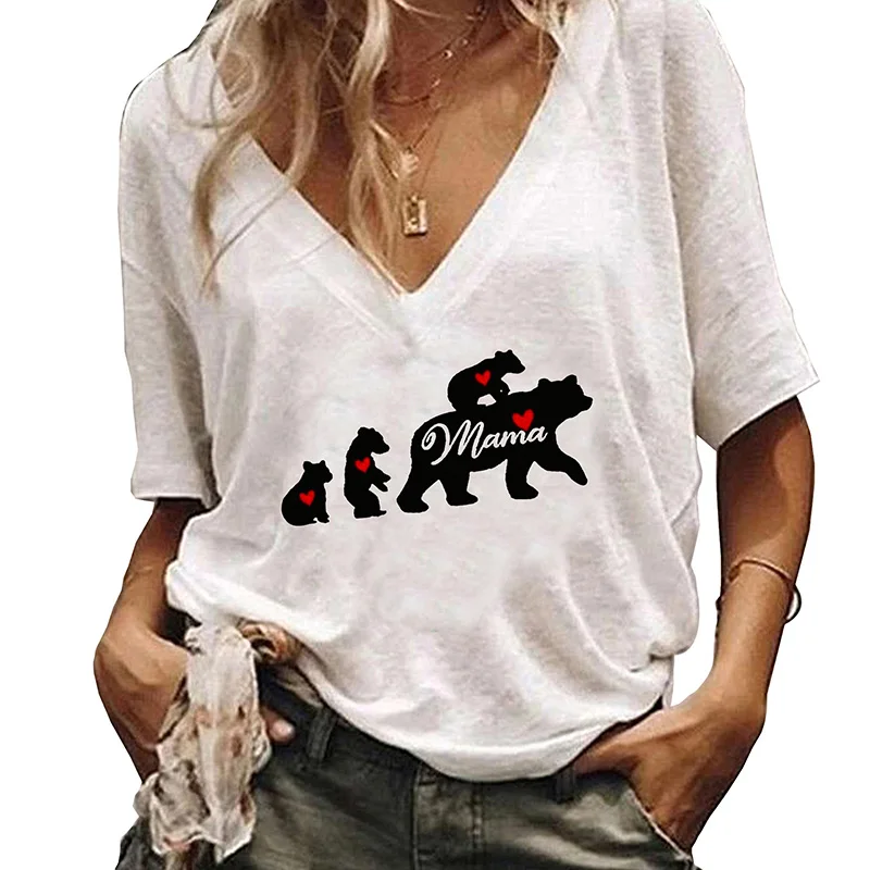 New Printed T-shirts Streetear Women Casual Tops Sexy V-neck Autumn Half Sleeve Oversized White Shirts Female Blusas Graphic Tee