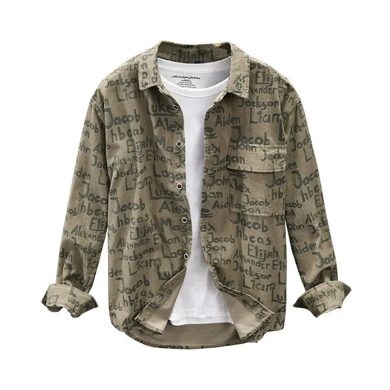 

2021 Spring New Men 's Printed Long-Sleeved Youth Fashion Shirt Men 's Top