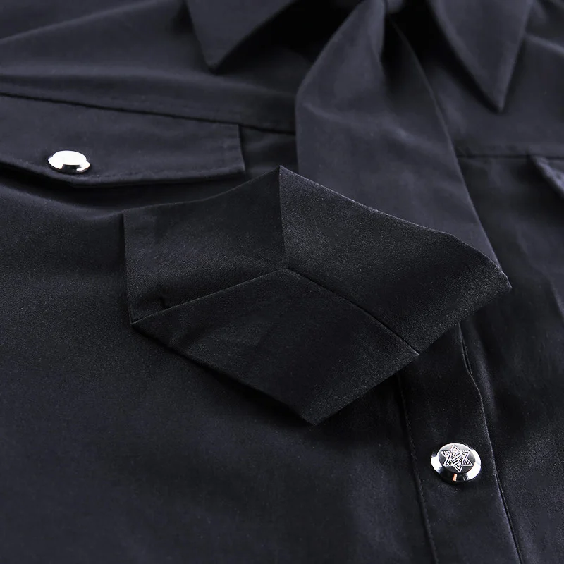 

AIIOU Summer Harajuku Women Black Short Sleeve Shirts Punk Streetwear Loose Turn Down Collar T-shirt Female Casual Tops