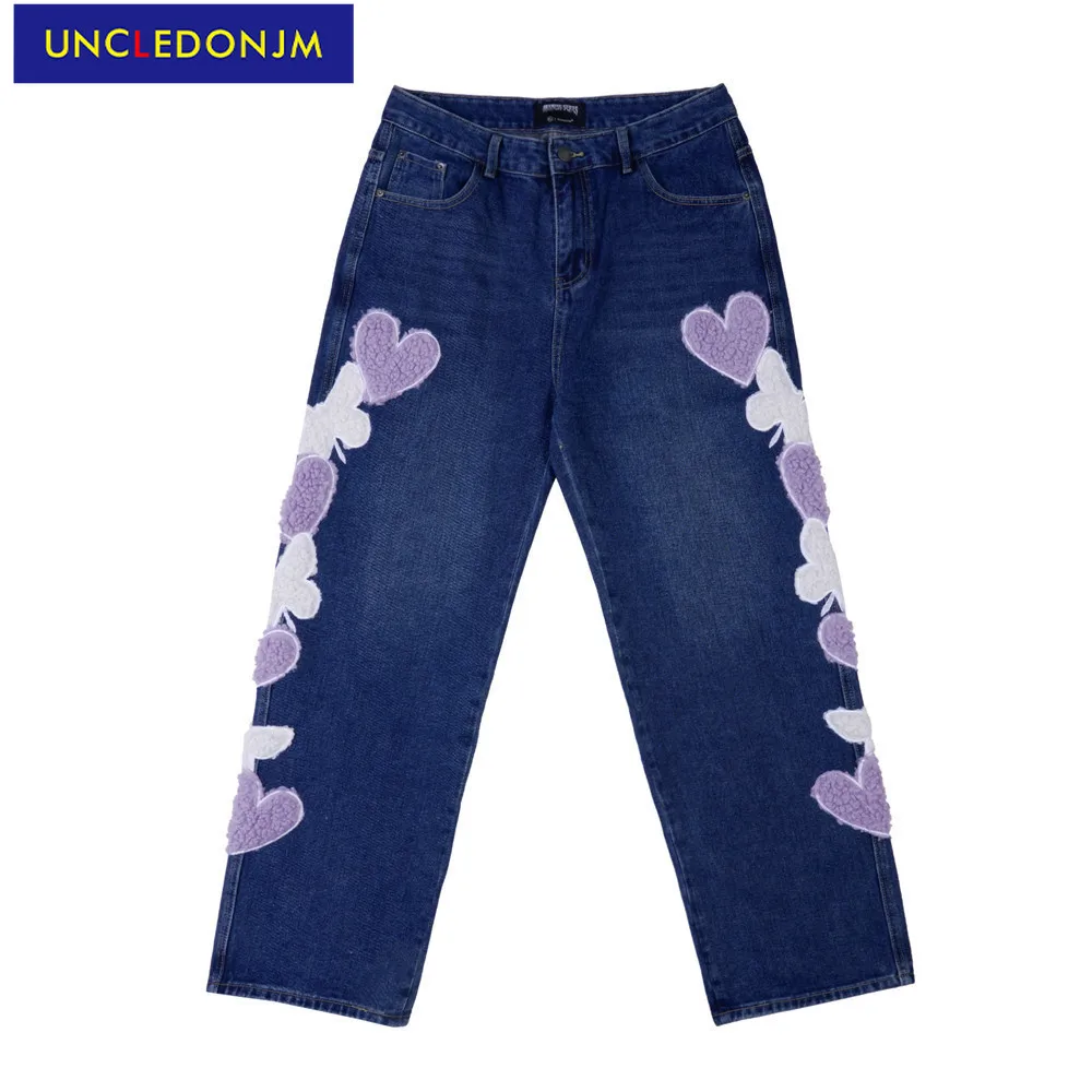 

UNCLEDONJM Heart embroidery distressed jeans men high street kpop clothes hip hop jeans baggy jeans women punk pants K836