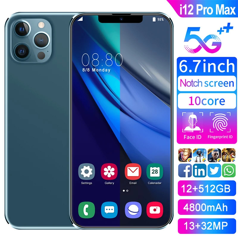 

6.7'' I12 Pro Max Global Version 12GB 512GB MTK6889 Android 9.1 5G 4800mAh Smartphone Full Screen Deca Core 4G Mobile Phone GPS
