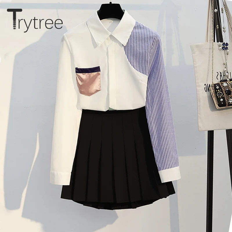 Trytree/осенний женский топ, комплект из двух предметов, повседневный топ с отложным воротником, лоскутные карманы, блузка, Топы+ юбка, плиссированная мини, комплект из 2 предметов