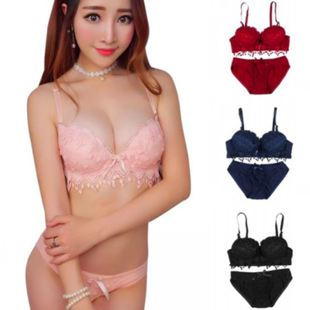 

Women's Push Up Bra Panty Set Lace Embroidery Lingerie Bra Panties Pink