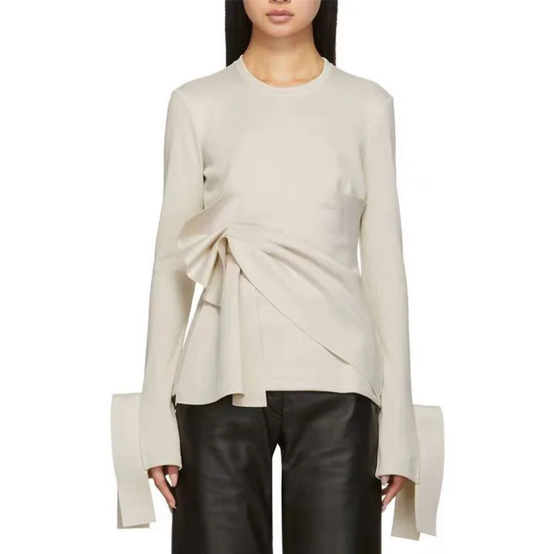 Новинка осени 2019 модные женские однотонные рубашки с круглым вырезом и длинным