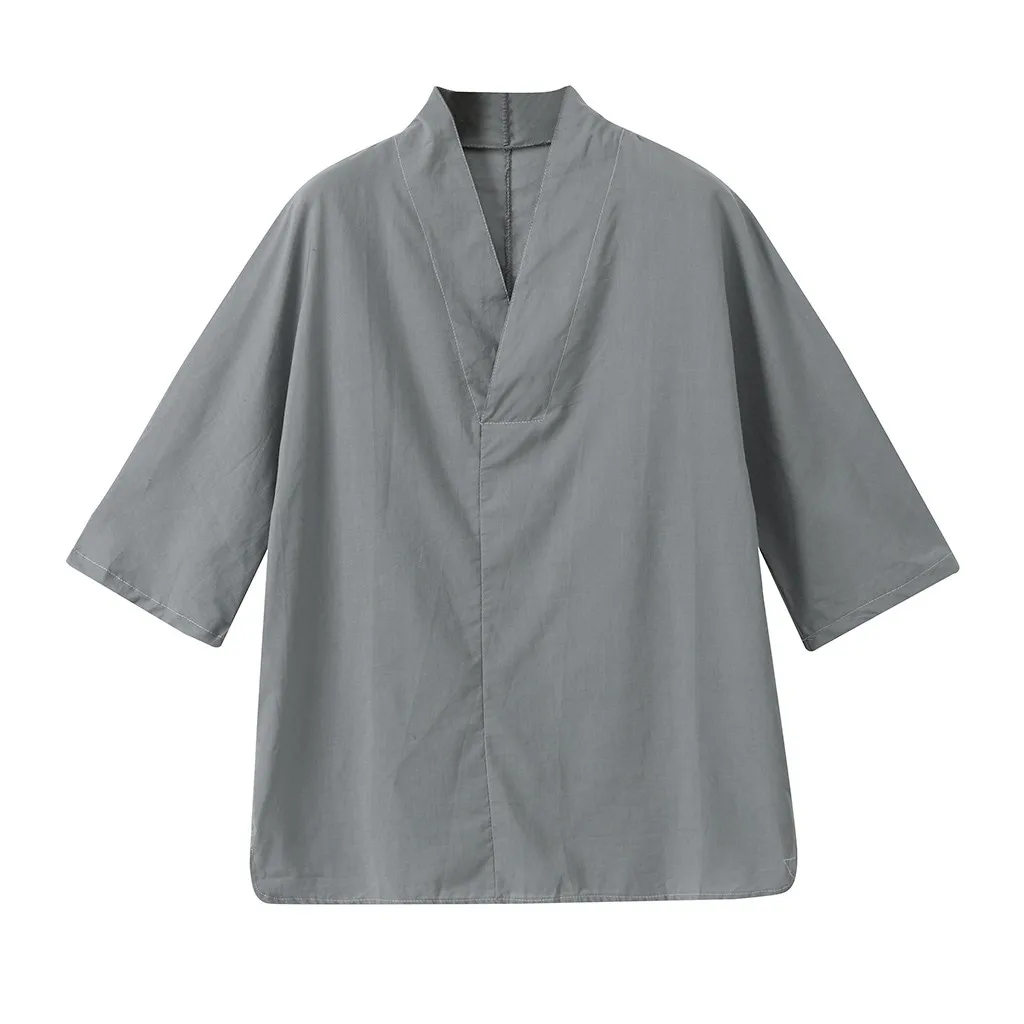 Men Shirt Vintage Ancient Chinese Male Blouse Kung Fu Style Cotton Linen 3/4 Sleeve V Neck Loose Leisure Solid Tops | Мужская одежда