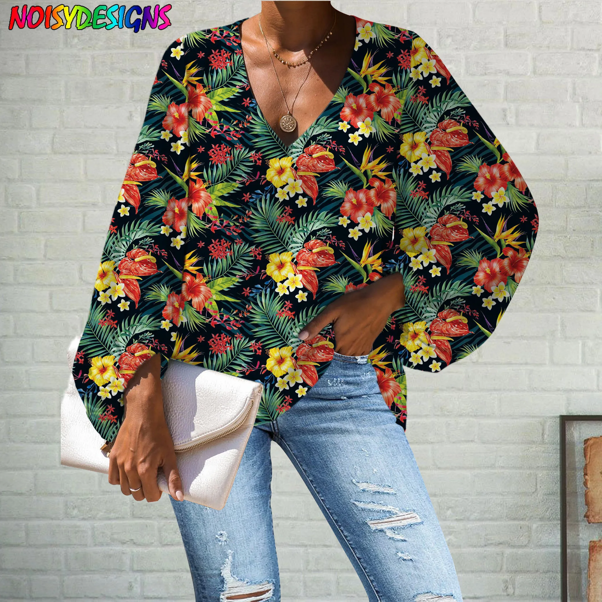 

WHEREISART Hawaiian Tropical Floral Hibiscus Prints Summer Blouse Shirt Women's V Neck Fashion Clothing Chiffon Blouses Stylish