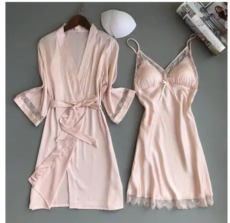 Халат-кимоно Женский из искусственного шёлка с кружевной отделкой | Женская
