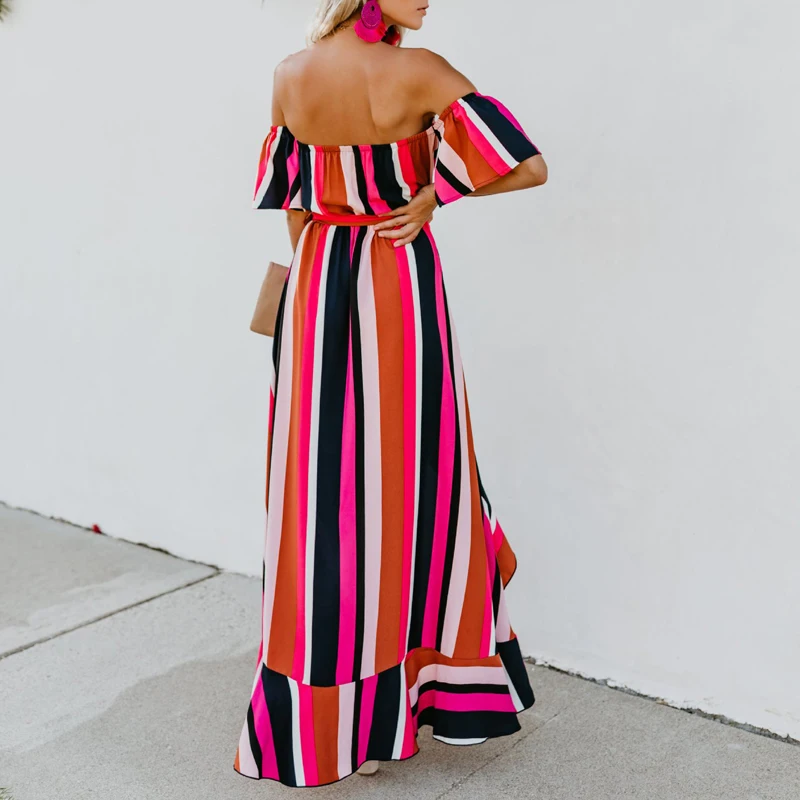 ZOGAA Off Shoulder Ruffle Striped Summer Dress Casual Front Fork Beach Women Maxi Backless Wrap Long Vestidos 2019 | Женская одежда