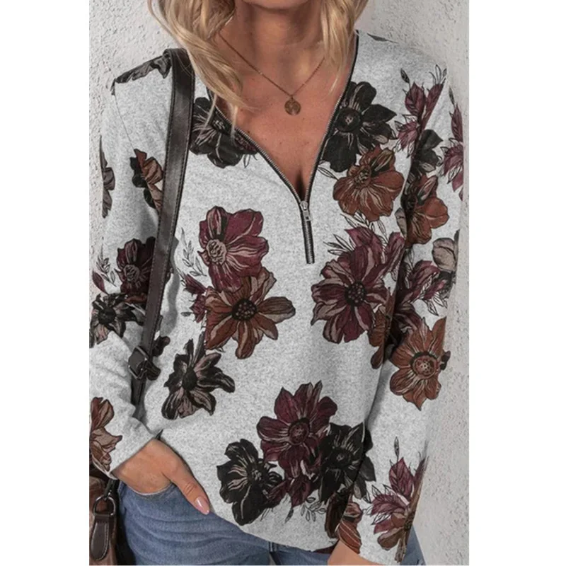 

2021 Autumn and Winter Women's Zipper Pullover Printed Long Sleeve Loose T-shirt Women's Blouse