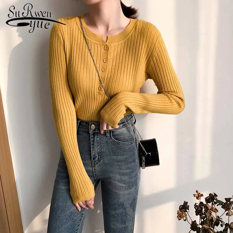 

2022 Autumn Winter Sweater Women Pullovers O-Neck Knitted Sweater Elegant Casual Lady Jumpers Buttons Chic Bottoming 10973