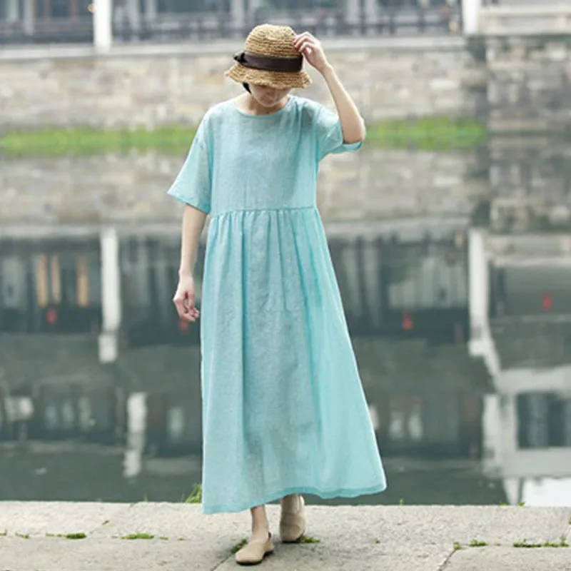 Женское хлопковое льняное платье Johnature однотонное свободное удобное с круглым