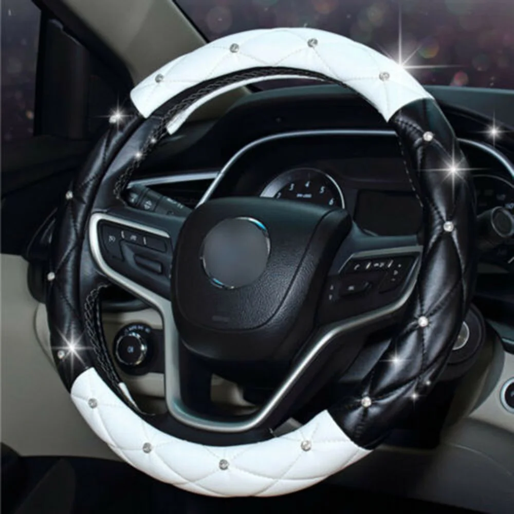 

1 Pcs Car Steering Wheel Cover PU Leather Protector Cover Rhinestone Decorative Anti-Slip Cover Universal Interior Accessories