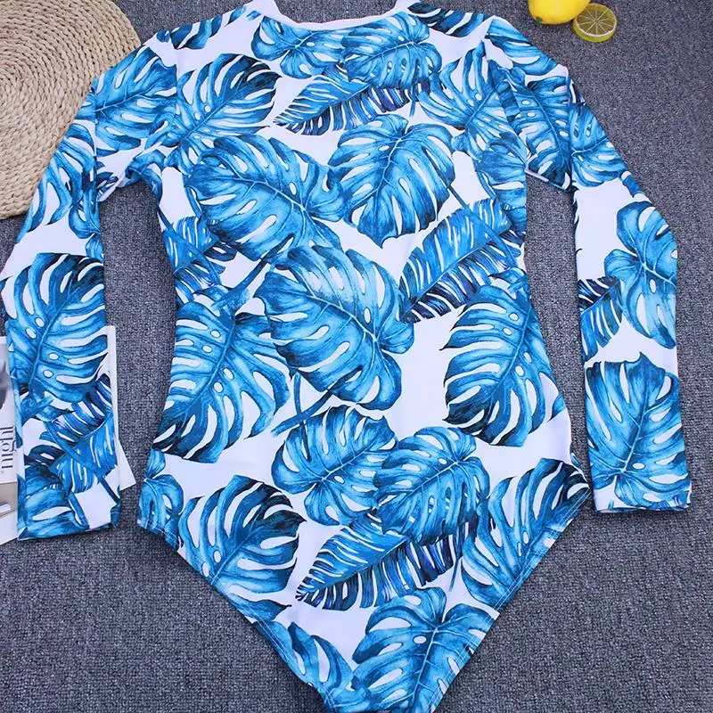 

2020 New Long Sleeve Swimsuit One Piece Print Surf Swimwear Women Zip Up Bodysuit Swim Suits Sport Beach Wear Monokini XXL