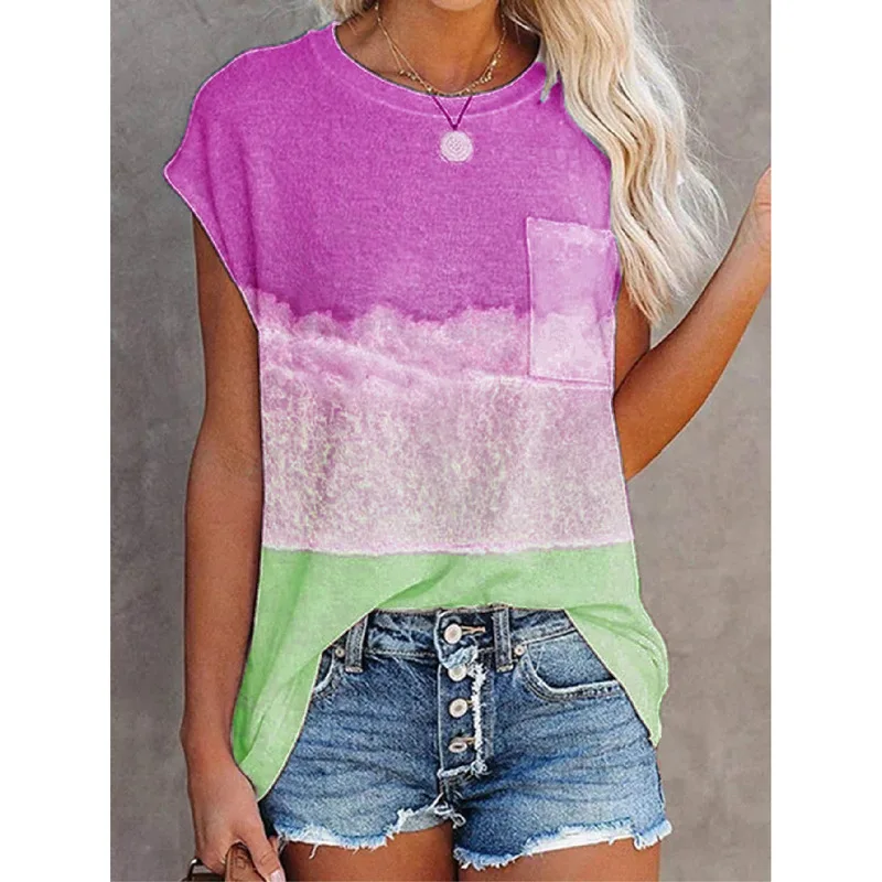 

2021 Summer Casual Tee Shirt Women Loose Short Sleeve Top O-Neck Pocket Color Block T-Shirts Plus Size Fashion Female T-Shirts