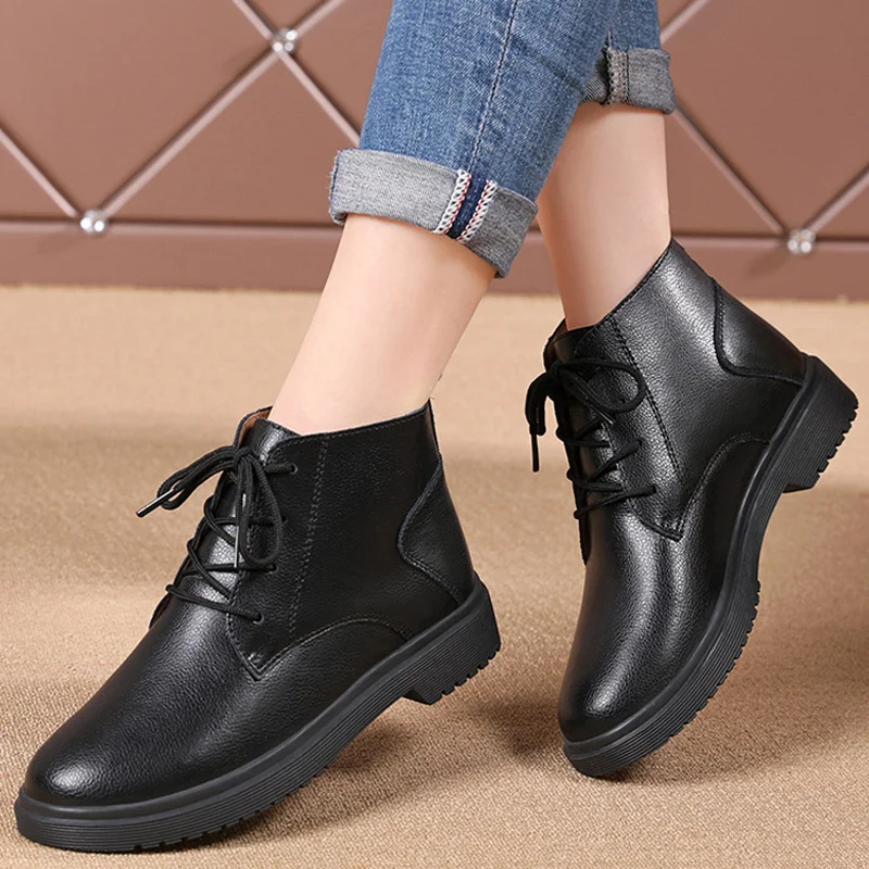 Классические Кожаные женские ботинки теплая плюшевая обувь Martin модные