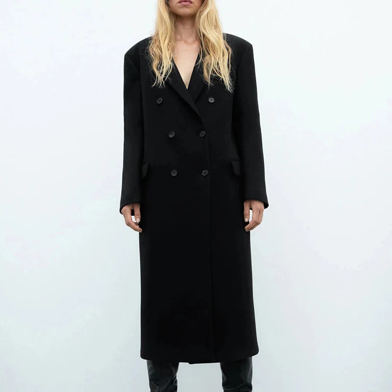 

Za Women Black Long Woolen Coats Winter 2021 Casual Long Sleeve Jacket Female Double Breasted Outerwear Solid Tops DWDD89171
