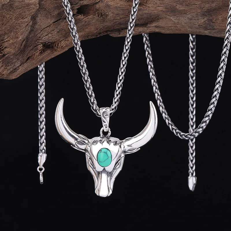 

Bull Head Inlaid Turquoise Real 925 Sterling silver Animal Initial Necklace Pendant Jewelry Women Men 2021 Wholesale Items P08
