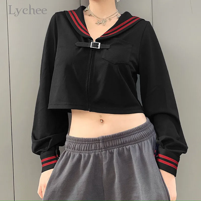 Lychee Harajuku Повседневная опрятная женская укороченная куртка на молнии с матросским воротником в полоску Женская куртка весна осень женские укороченные куртки топы