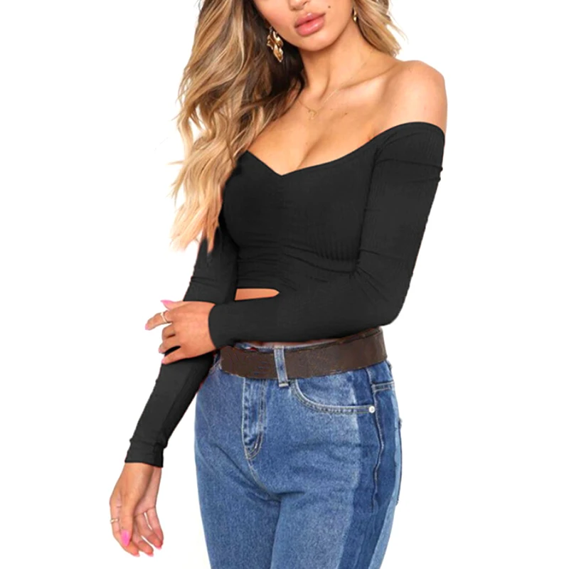 2019 Сексуальная футболка женская с длинным рукавом Весна Лето открытыми плечами