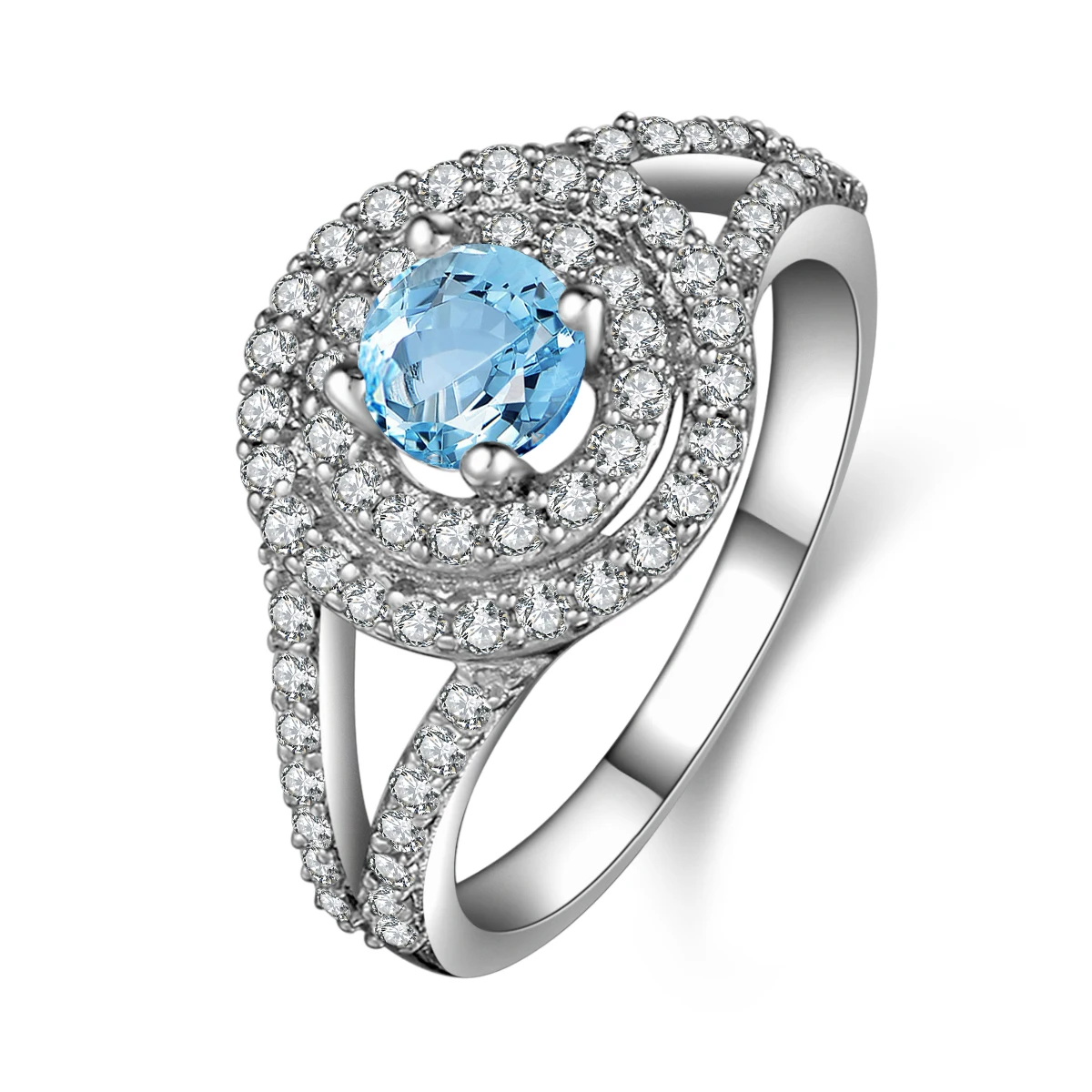 

Gemstone 925 Sterling Silver Rings Luxury Women 0.8 ct Round Cut Halo Engagement Sky Blue Topaz Ring Fine Jewelry Wholesale