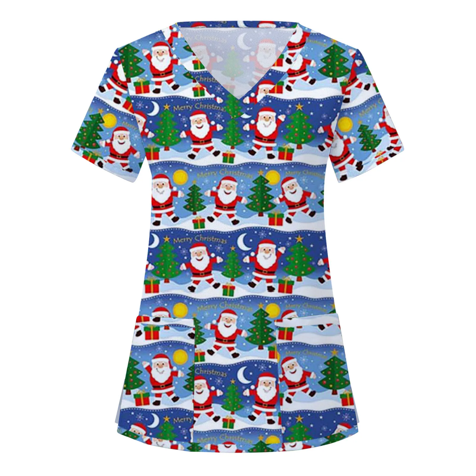 

Santa Print Christmas Scrub Tops Women Short Sleeve Nurse Uniform Carer Blouse V Neck Clinic Workwear Medicos Para Mujer ^50
