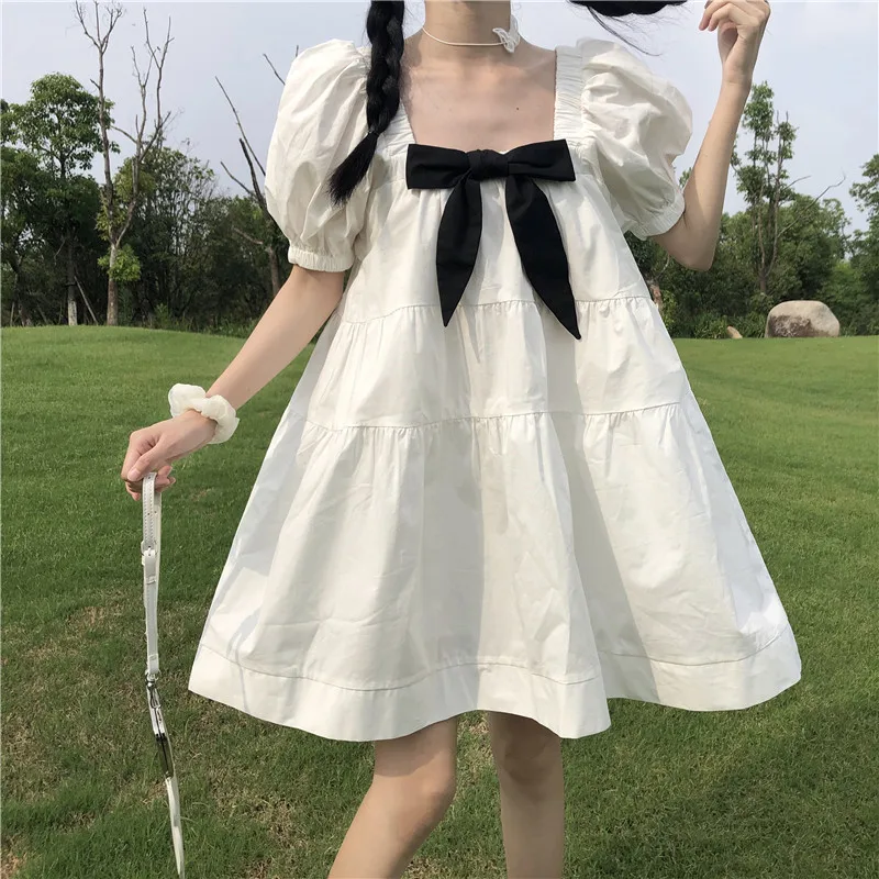 

Soft Girl Japanese Lolita Dresses Kawaii Preppy Style Bow Puff Sleeve Princess Dress Harajuku Cute Square Collar Summer Y2K Dres