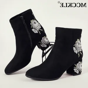 Женские ботильоны MCCKLE, зимние теплые плюшевые модные с вышивкой, 2021, женские короткие ботинки, осенняя женская обувь на высоком каблуке, женские ботинки