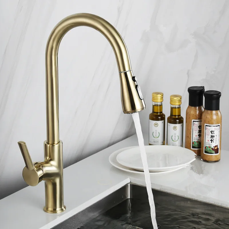 

Tuqiu Pull Out Kitchen Faucet Kitchen Sink Faucets Brass Kitchen Mixer Tap Hot & Cold Rotating Brushed Gold Water Crane Tap