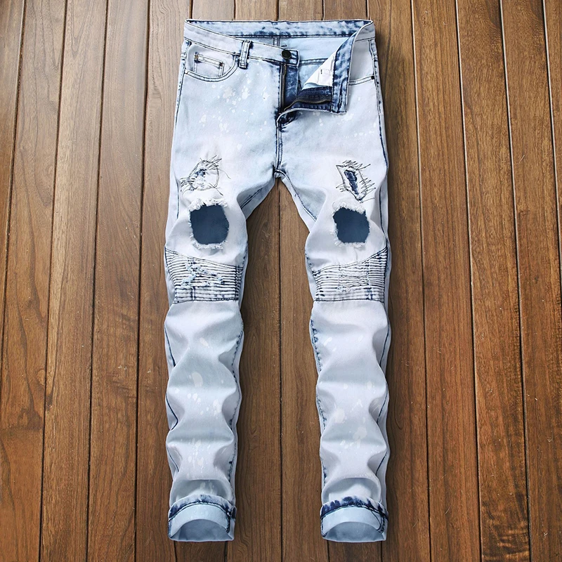 

Cross Border Goods Source Men's Wear Locomotive Light Color Jeans Embroidered Hole Trousers Quick Selling Men's Pants