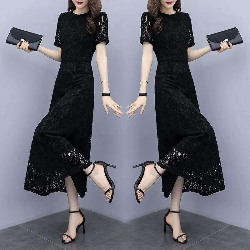 

Lace dress women's long 2019 summer new slim figure slim cover long dress