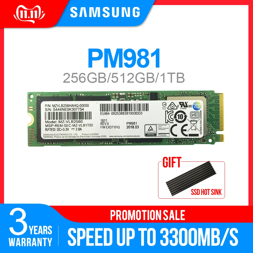SAMSUNG SSD M.2 PM981 256 ГБ 512 1 ТБ PM961128GB твердотельного жесткого диска NVMe PCIe 3,0x4 NVMe 1,3 ноутбук внутренний disco duro TLC
