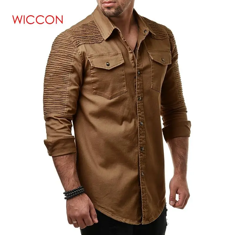 Рубашка мужская с карманами и длинным рукавом модная повседневная приталенная