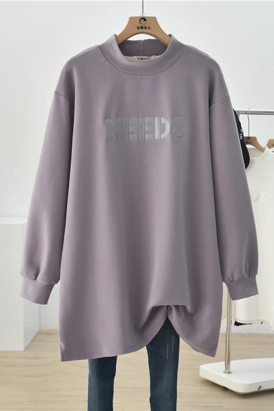 

Medium-long Sweatshirts 2021 New Autumn Winter Solid Color Letter Embroidery Thick Long Sleeve Pullovers Top High Collar Hoodies