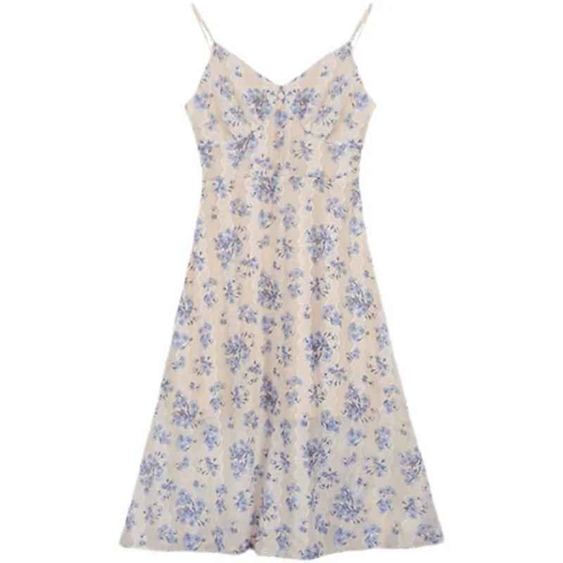 

Fashion Summer Vintage Chiffon FLoral Strap Dress Women V-Neck Sling A Line Party Beach Vestidos