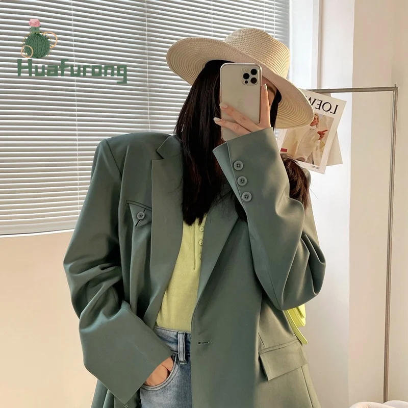 

Женский новый костюм на раннюю осень 2021, зеленый пиджак в Корейском стиле, Свободный Повседневный костюм с длинными рукавами и пуговицами с...