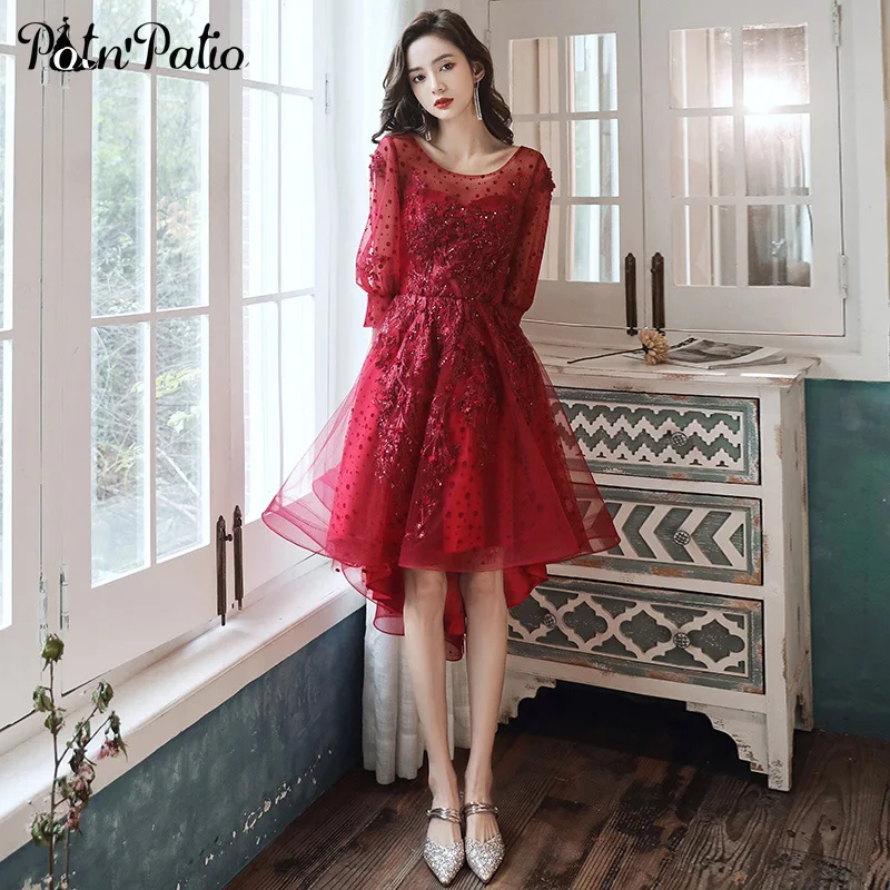 

Luxury Appliques Spot Tulle Wine Red Short Evening Dresses For Graduation Party Elegant O-neck High Low Prom Gowns With Sleeve