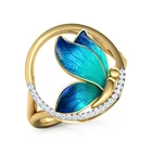 Модные кольца с глубоким морским голубым бабочкой, Изящные полые круглые кольца, желтое золото, свадебные украшения для женщин и девочек Z4M486